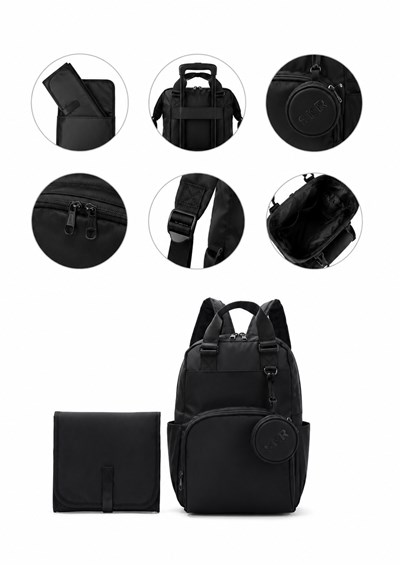 MOCHILA NEGRA MATERNAL PARA TROLLEY CON CAMBIADOR Y MONEDERO. MEDIDAS: 30X41X14CM