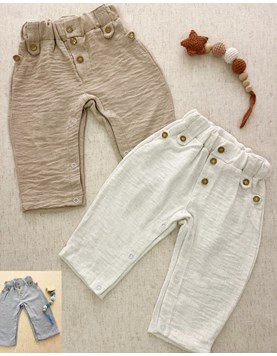 Pantalon Facu de lino con bones en cintura y broches en piernas. COCOMIEL