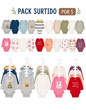 PACK X 5 UNIDADES, BODY  MANGA LARGA DE ALGODÓN, COLORES SURTIDOS