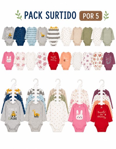 PACK X 5 UNIDADES: BODY  MANGA LARGA DE ALGODÓN, PACK DE 5 DE BEBE VARON O PACK DE 5 DE BEBA