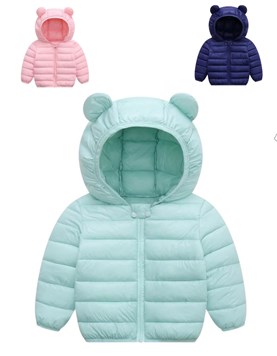 CAMPERA DE PUFFER LISA CON CAPUCHA Y OREJITAS, SIN PIEL. Talle 80 =12 meses 90=18m 100=24m 110=36m 120=48m 130=52m