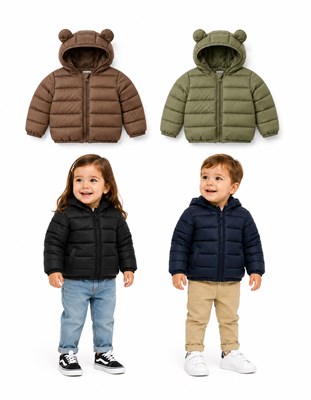 CAMPERA DE PUFFER (G38) LISA CON CAPUCHA Y OREJITAS, SIN PIEL.  Talle 80 =12 meses  90=18m  100=24m  110=36m  120=48m  130=52m