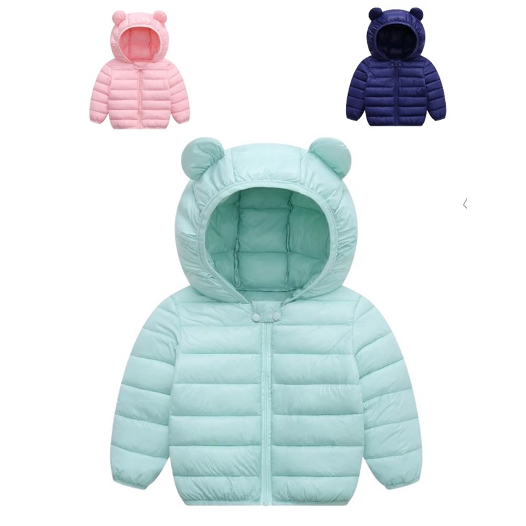 CAMPERA DE PUFFER (G38) LISA CON CAPUCHA Y OREJITAS, SIN PIEL. Talle 80 =12 meses 90=18m 100=24m 110=36m 120=48m 130=52m