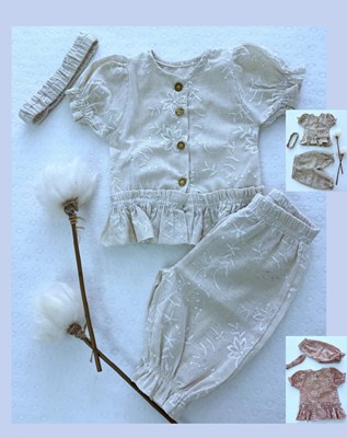 SET LINO BORDADO BLUSA AMELI CON CAPRI Y VINCHA. COCOMIEL