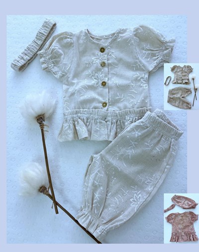SET LINO BORDADO BLUSA AMELI CON CAPRI Y VINCHA. COCOMIEL