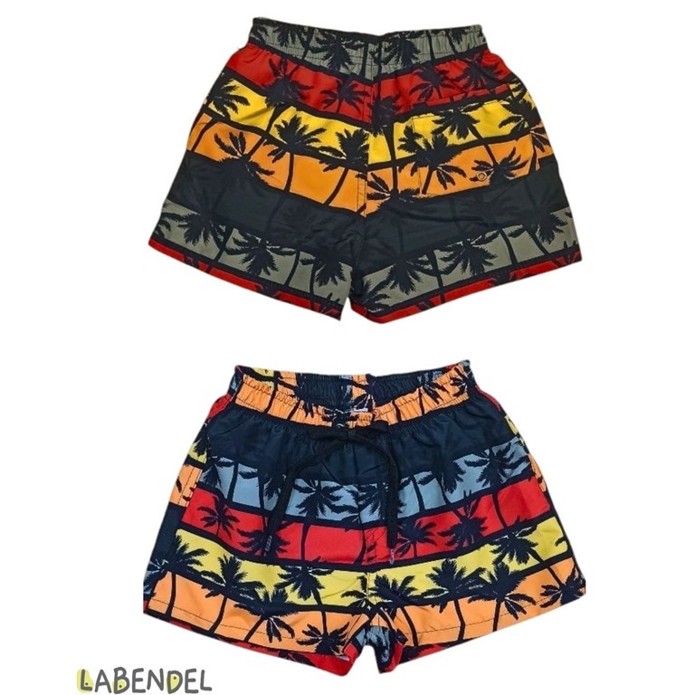 Short baño estampa palmeras con suspensor y cordon en cintura ajustable y bolsillo atras con ojalillo para que salga el agua. Labendel