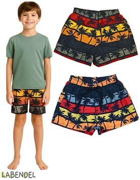 Short baño estampa palmeras con suspensor y cordon en cintura ajustable y bolsillo atras con ojalillo para que salga el agua. Labendel