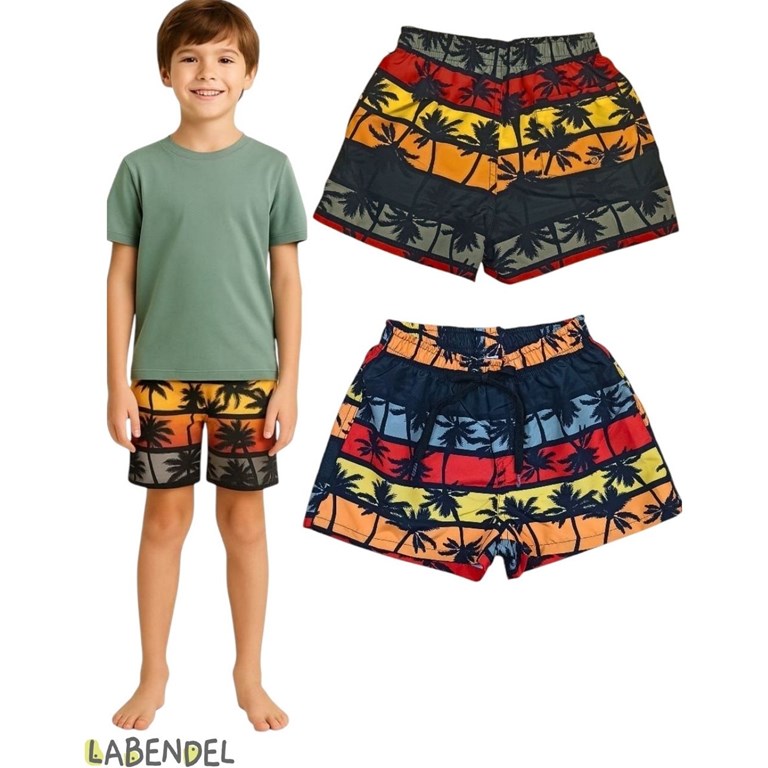 Short baño estampa palmeras con suspensor y cordon en cintura ajustable y bolsillo atras con ojalillo para que salga el agua. Labendel