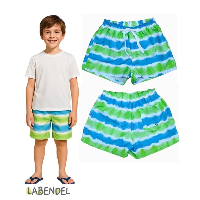 Short baño estampa batik con suspensor y cordon en cintura ajustable y bolsillo atras con ojalillo para que salga el agua. Labendel