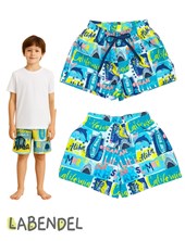 Short baño estampa surfer con suspensor y cordon en cintura ajustable y bolsillo atras con ojalillo para que salga el agua. Labendel