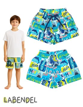 Short baño estampa surfer con suspensor y cordon en cintura ajustable y bolsillo atras con ojalillo para que salga el agua. Labendel