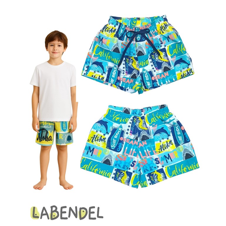 Short baño estampa surfer con suspensor y cordon en cintura ajustable y bolsillo atras con ojalillo para que salga el agua. Labendel