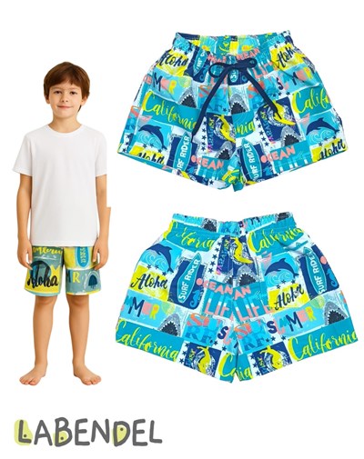 Short baño estampa surfer con suspensor y cordon en cintura ajustable y bolsillo atras con ojalillo para que salga el agua. Labendel