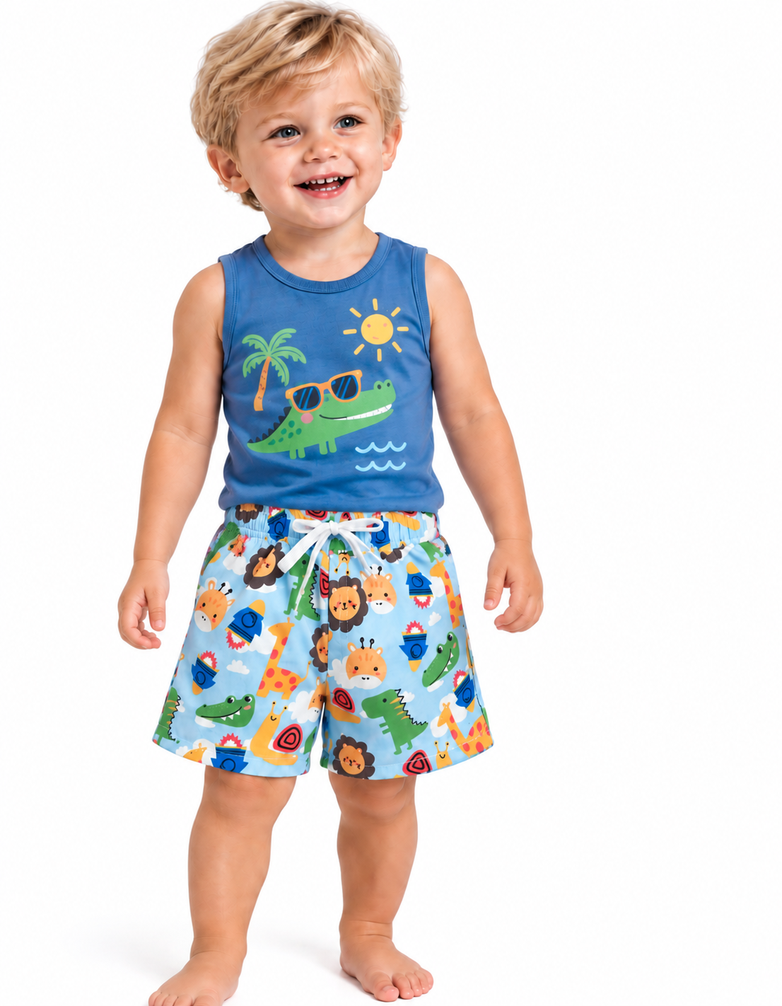 SHORT BEBE BAÑO CON SUSPENSOR ANIMALITOS.LABENDEL
