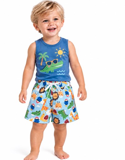 SHORT BEBE BAÑO CON SUSPENSOR ANIMALITOS.LABENDEL