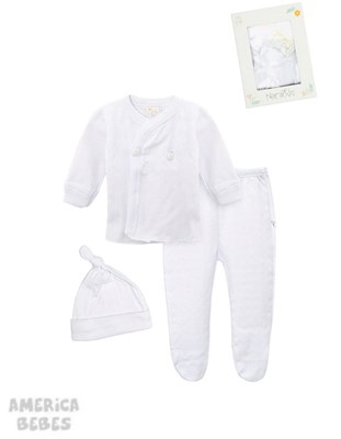 Pack en caja de regalo Liso: Batita ML Medio Osito y Gorrito Blanco. Naranjo.