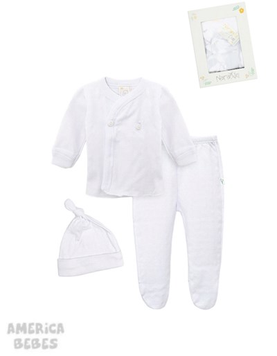 Pack en caja de regalo Liso: Batita ML Medio Osito y Gorrito Blanco. Naranjo.