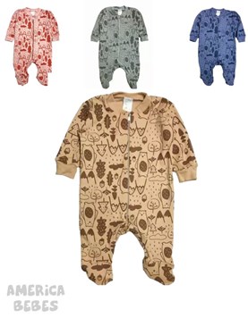 ENTERITO MANGA LARGA UNISEX ESTAMPADO CON CIERRE PIECITOS CON ANTIDESLIZANTE NARANJO