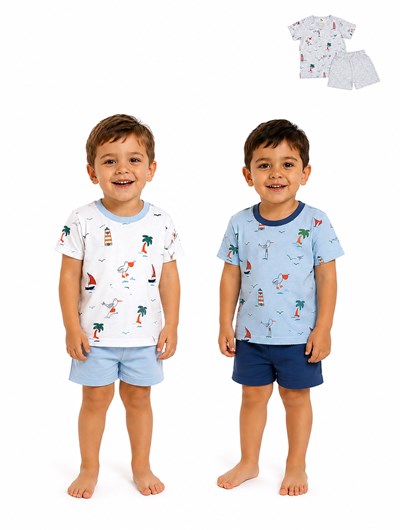 Pijama bb remera playa y short. Naranjo