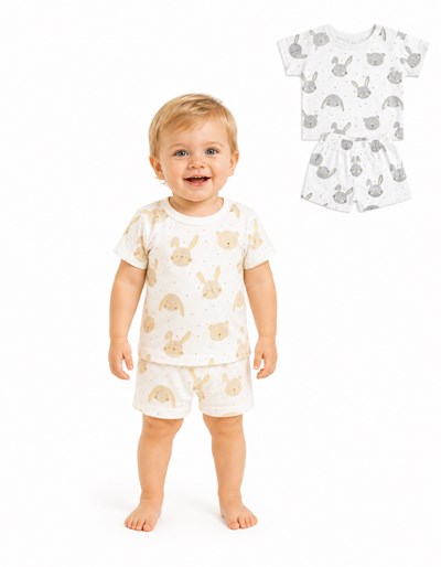 CONJUNTO PIJAMA  REMERA MANGA CORTA Y SHORT ESTAMPADOS FRUTAS NARANJO