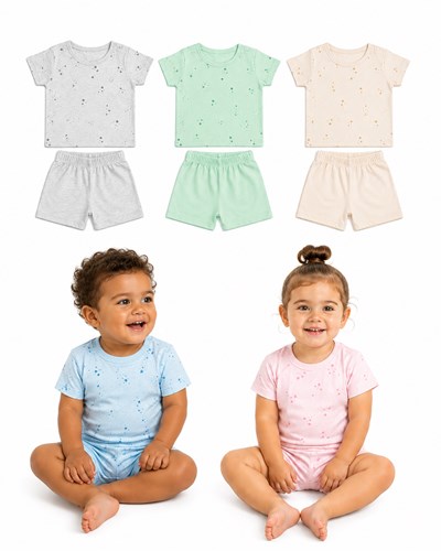 Pijama para bebe, manga corta, estampado. Naranjo