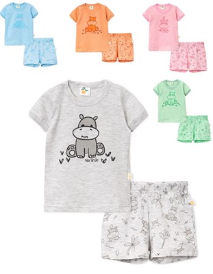 PIJAMA 2 PIEZAS REMERA MANGA CORTA ESTAMPADA  LEON Y SHORT FULL ESTAMPA ANIMALITOS NARANJO