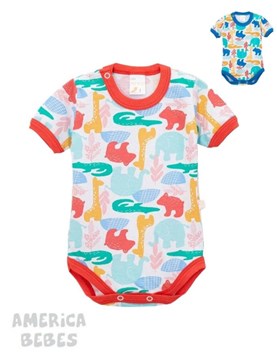 A2721 Body nena con broche M/C jersey estampado selva. Colores surtidos. Naranjo.