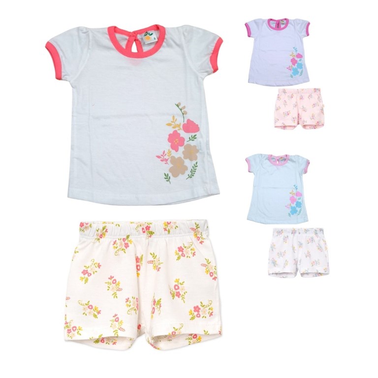 Pijama remera c/estampa y short flores. Naranjo