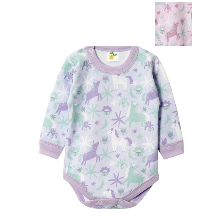 BODY BEBA MANGA LARGA INTERLOCK ESTAMPADO. NARANJO