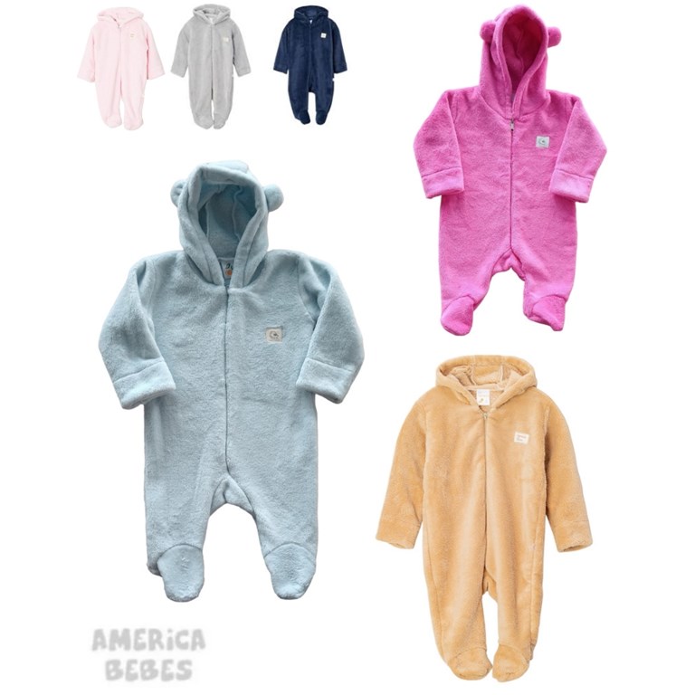 ENTERITO CON CAPUCHA Y OREJITAS PIECITOS FLEECE LISO PARA BEBE UNISEX NARANJO