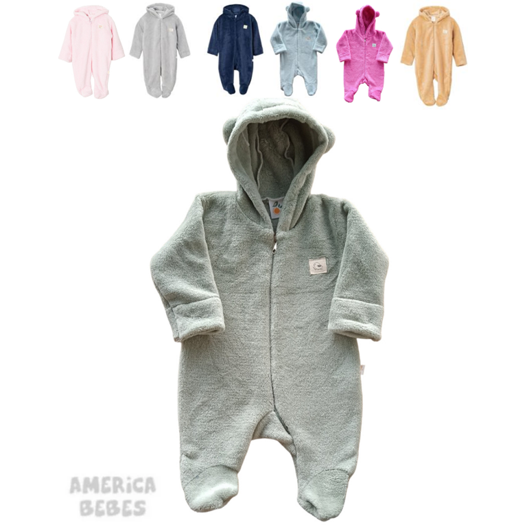 ENTERITO CON CAPUCHA Y OREJITAS PIECITOS FLEECE LISO PARA BEBE UNISEX NARANJO