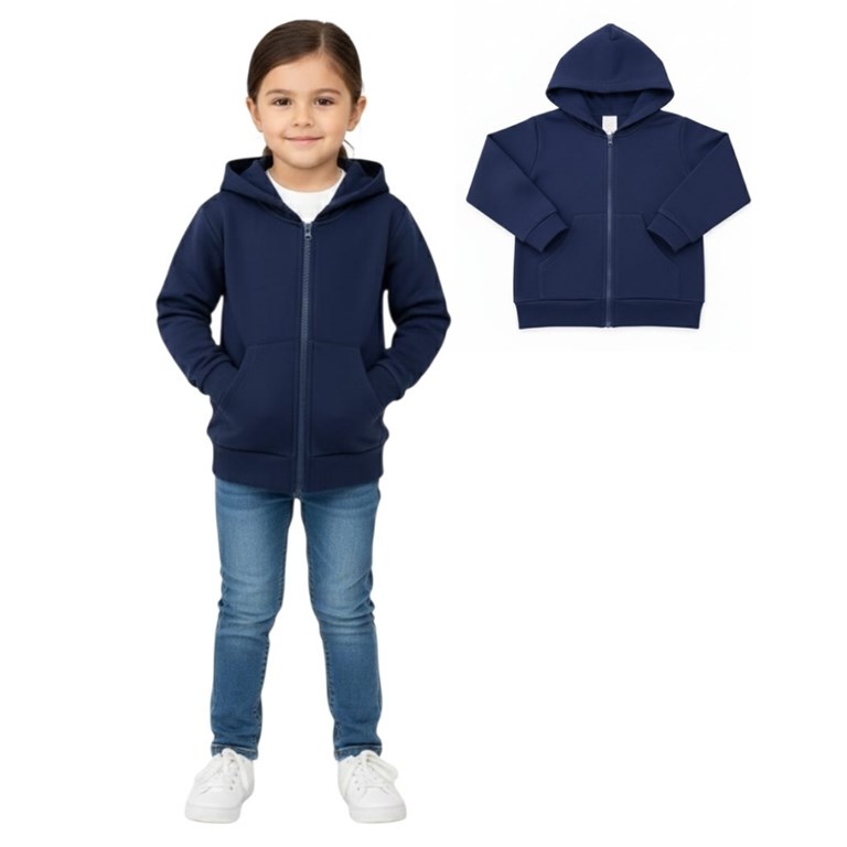CAMPERA CON CIERRE Y CAPUCHA FRISA AZUL NARANJO