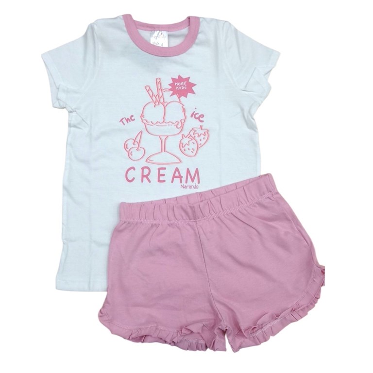 Pijama nena remera con estamapa y short liso. Naranjo
