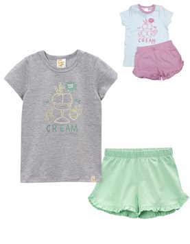 Pijama nena remera con estamapa y short liso. Naranjo