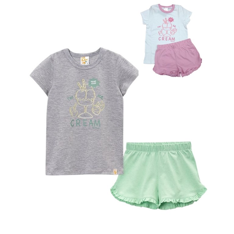 Pijama nena remera con estamapa y short liso. Naranjo