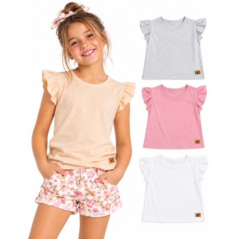 REMERA MANGA CORTA NENA EN JERSEY  CON VOLADO EN MANGAS. NARANJO
