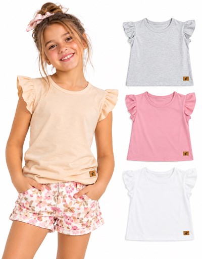 REMERA MANGA CORTA NENA EN JERSEY  CON VOLADO EN MANGAS. NARANJO