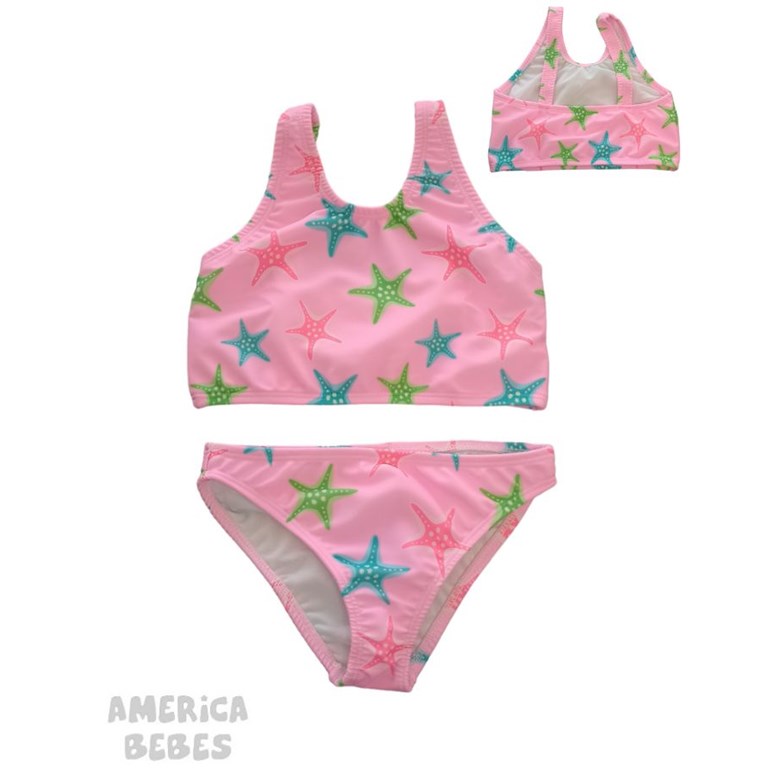 BIKINI CON TOP PARA NENA  UV+50 ESTAMPADA ESTRELLAS NARANJO