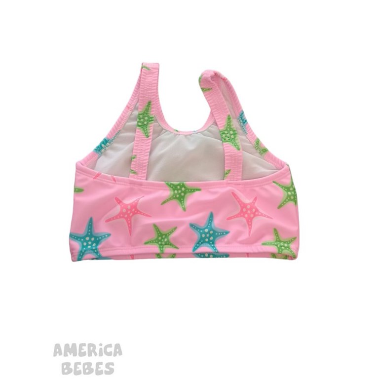 BIKINI CON TOP PARA NENA  UV+50 ESTAMPADA ESTRELLAS NARANJO