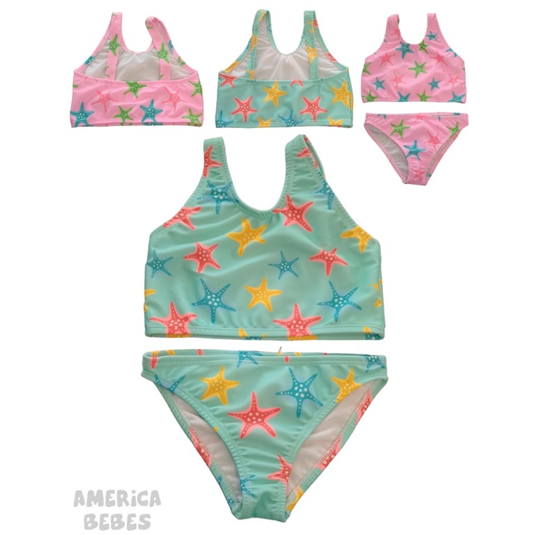 BIKINI CON TOP PARA NENA  UV+50 ESTAMPADA ESTRELLAS NARANJO