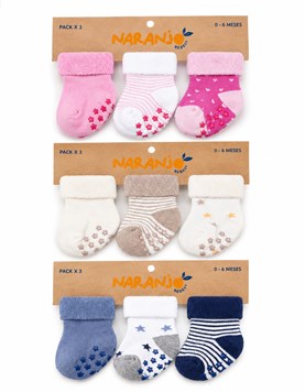 PACK X 3: MEDIAS BEBE/A TOWELL CON ANTIDESLIZANTE. COLORES SURTIDOS. NARANJO