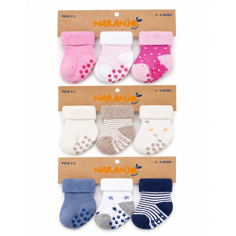 PACK X 3: MEDIAS BEBE/A TOWELL CON ANTIDESLIZANTE. COLORES SURTIDOS. NARANJO