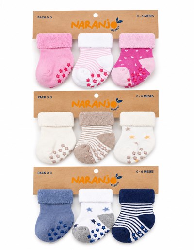 PACK X 3: MEDIAS BEBE/A TOWELL CON ANTIDESLIZANTE. COLORES SURTIDOS. NARANJO