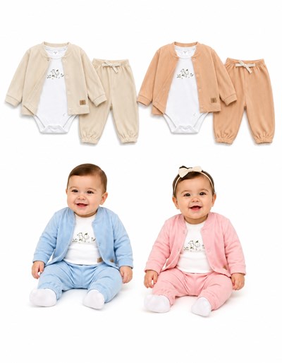 CONJUNTO 3 PIEZAS DE PLUSH CORDEROY, SAQUITO, PANTALON Y BODY. GAMISE