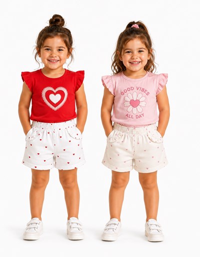 SHORT CON VOLADOS EN PLUMETI SUBLEMADO EST CORAZONES PARA BEBA. GAMISE