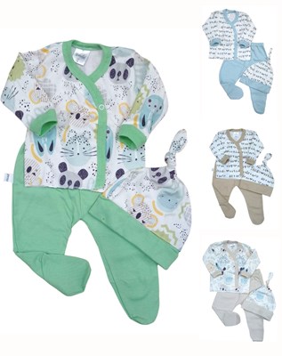 SET AJUAR 3 PIEZAS EN SOBRE PVC  BATITA GORRITO Y MEDIO OSITO GAMISE