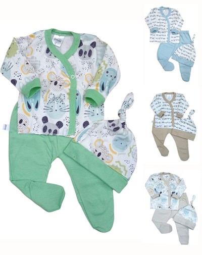 SET AJUAR 3 PIEZAS EN SOBRE PVC  BATITA GORRITO Y MEDIO OSITO GAMISE