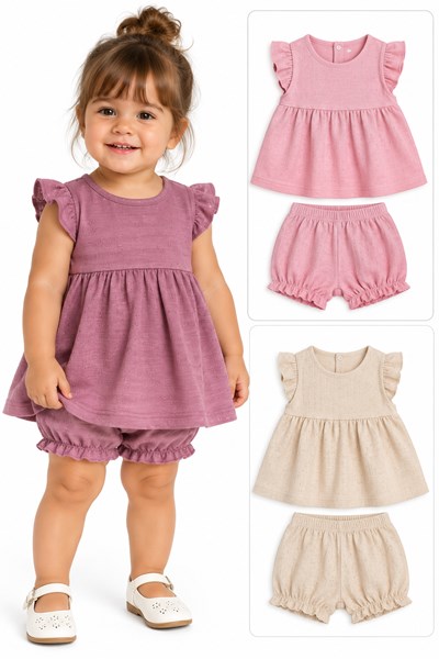 VESTIDO EN CLOQUE CON VOLADOS Y BOTONES +  BOMBACHON. GAMISE