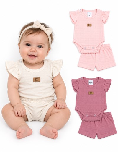 CONJUNTO EN CLOQUE BEBA. BODY MANGA CORTA CON VOLADOS + SHORT. GAMISE