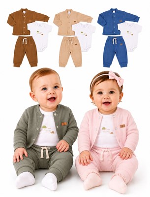 Conjunto 3 piezas (Saquito, babucha y body con estampa). GAMISE